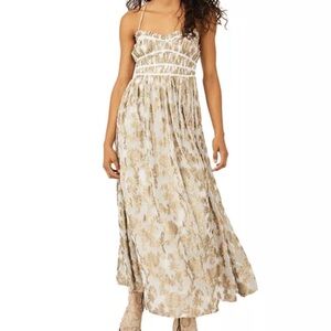 Free People Charlie Bustier Maxi Dress Size Small Gold Metallic White Open Back